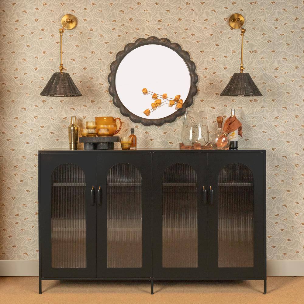 27.75" Round Black Scalloped Wood Wall Mirror