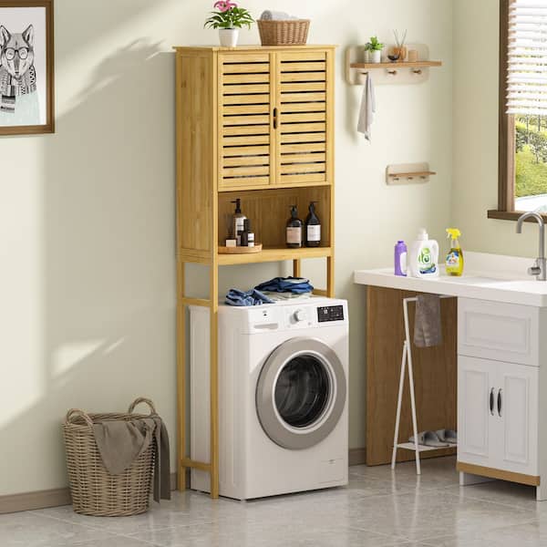 24.4 in. W x 66.9 in. H x 9.5 in. D Yellow Bamboo Bathroom Over-the-Toilet Storage with Removable Shelf and Doors