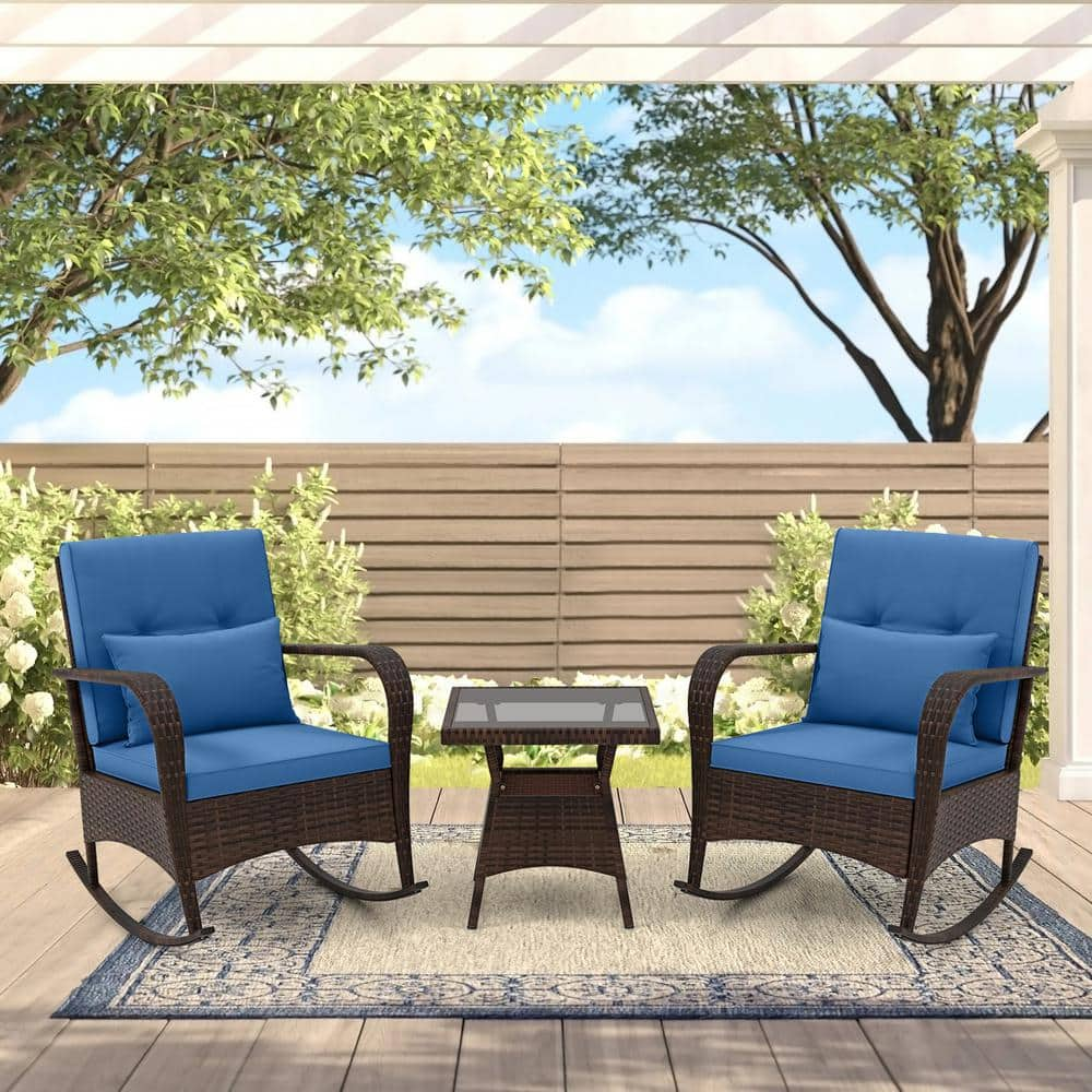 Liviza 3-Piece Wicker Patio Conversation Set with Navy Cushions