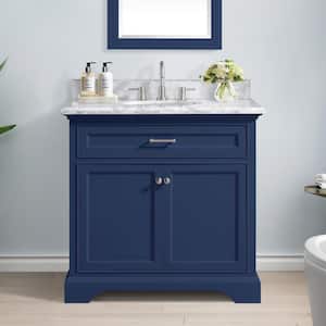 Windlowe 37 in. W x 22 in. D x 35 in. H Bath Vanity in Navy Blue with Carrara Marble Vanity Top in White with White Sink