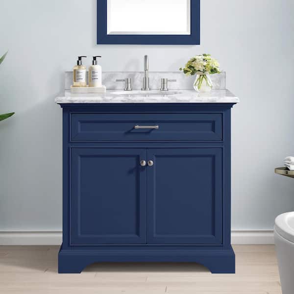 Home Decorators Collection Windlowe 37 in. W x 22 in. D x 35 in. H Bath Vanity in Navy Blue with Carrara Marble Vanity Top in White with White Sink
