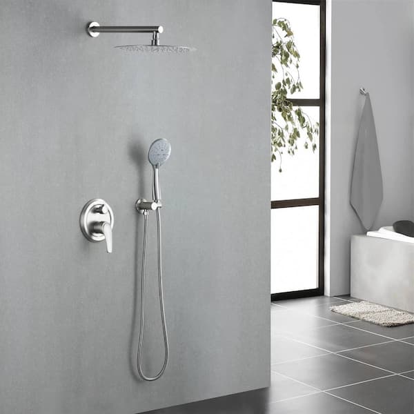 Single-Handle 5-Spray Round Shower Faucet with 12 in. Shower Head and Hand Shower in Brushed Nickel (Valve Included)