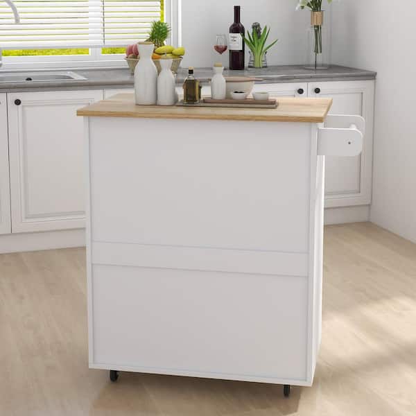 White Foldable Rubber Wood Drop-Leaf Countertop 53.1 in. W Kitchen Island  on Wheels with Storage Cabinet EC-WF298028AAW - The Home Depot