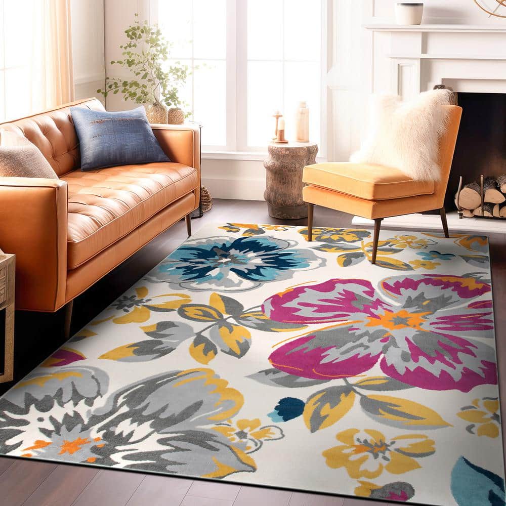 Floral Elegance Multi-Color Synthetic Round Area Rug, 7'6" x 9'5"