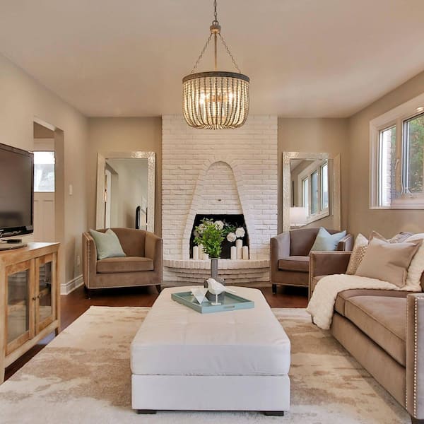 4-Light Weathered White Drum Chandelier with White Wood Beads