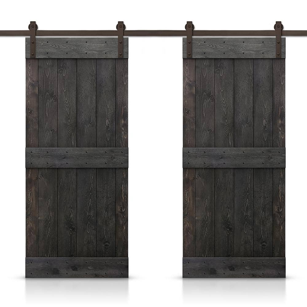 Charcoal Black Solid Pine Wood Double Barn Door Kit with Oil Rubbed Bronze Hardware
