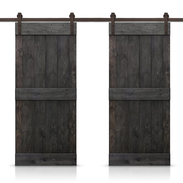 CALHOME Mid-Bar 68 in. x 84 in. Charcoal Black Stained DIY Solid Pine Wood Interior Double Sliding Barn Door with Hardware Kit
