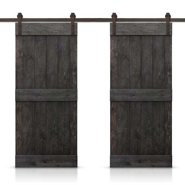 CALHOME Mid-Bar 88 in. x 84 in. Charcoal Black Stained DIY Solid Pine Wood Interior Double Sliding Barn Door with Hardware Kit