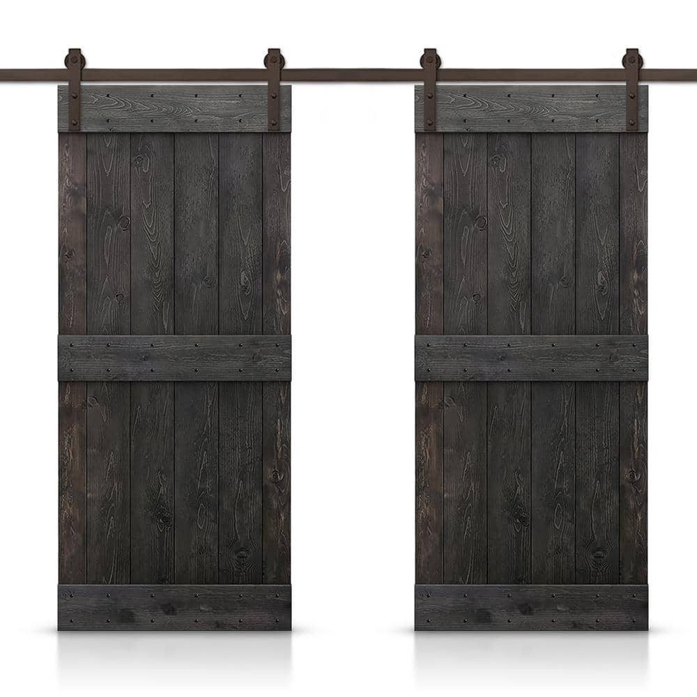 CALHOME Mid-Bar 96 in. x 84 in. Charcoal Black Stained DIY Solid Pine Wood Interior Double Sliding Barn Door with Hardware Kit -  CN+(2)SAB-96+03-48DT