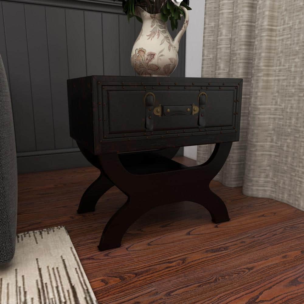 Vintage Brown Faux Leather Single Drawer Accent Table