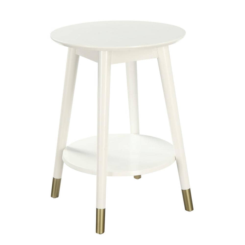 White Solid Rubberwood Round End Table with Bottom Shelf