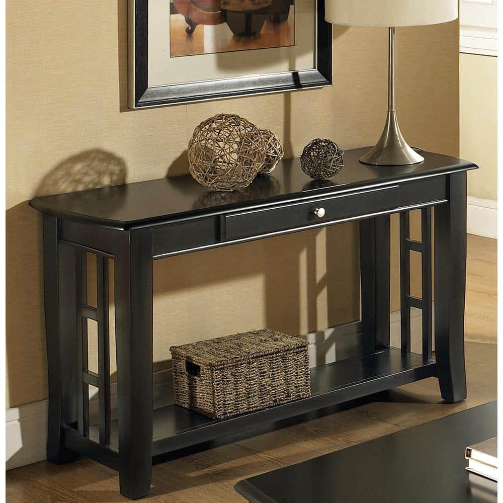 Black Hardwood Rectangular Console Table with Storage