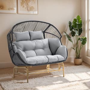 Patio Chairs Outdoor Egg Chair 2-Person Dark Gray Wicker Outdoor Glider Loveseat with Gray Cushion for Balcony, Porch