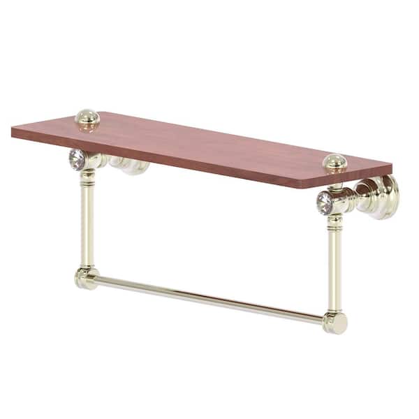 Allied Brass Carolina Crystal 16 in. W 7 in. H x 5.54 in. D Brass Rectangular Wood Shelf with Integrated Towel Bar in Polished Nickel