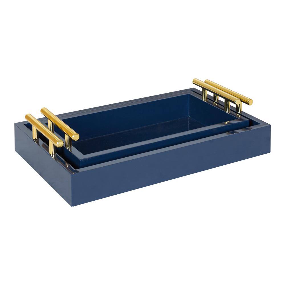Navy Blue and Gold Rectangular Wood Tray Set with Metal Handles
