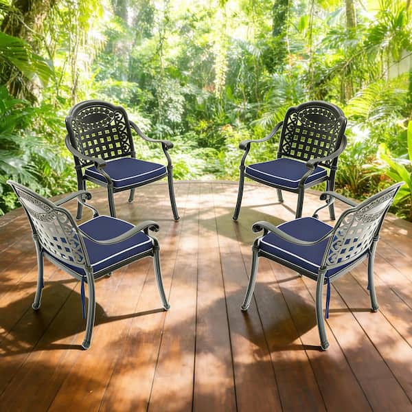 Black Cast Aluminum Patio Dining Chair With Blue Cushions (4-Pack)