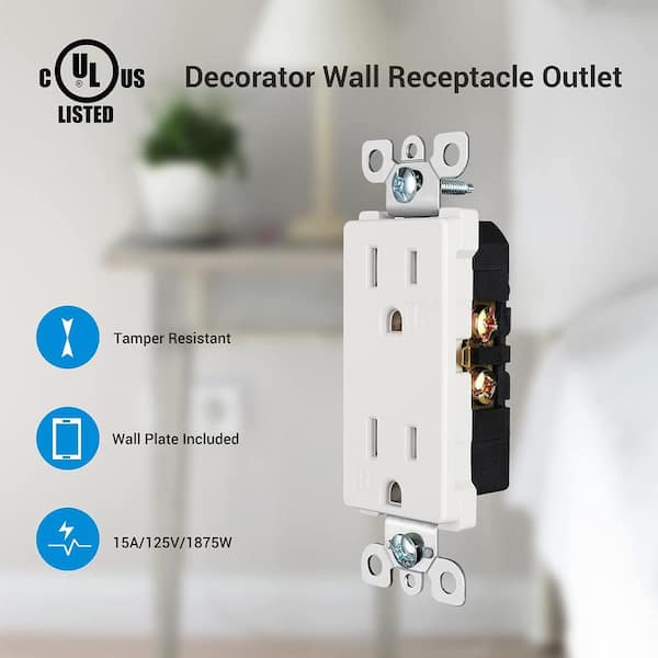 Decorator Receptacle Outlet, 20-Pack Standard Wall Outlets, 15Amp/125-Volt, Wall Plates Included, UL Listed, White