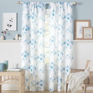 Printemps Teal Floral Polyester 38 in. W x 96 in. L Rod Pocket Top Light Filtering Curtain Panel (Double Panel)