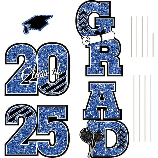 Large 2025 Graduation Yard Signs with Stakes, Blue Glitter Plastic Decorations