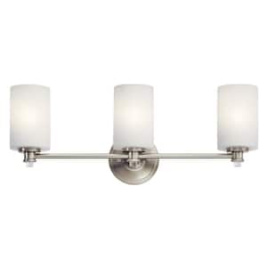 Joelson 24 in. 3-Light Brushed Nickel Transitional Bathroom Vanity Light with Satin Etched Cased Opal Glass
