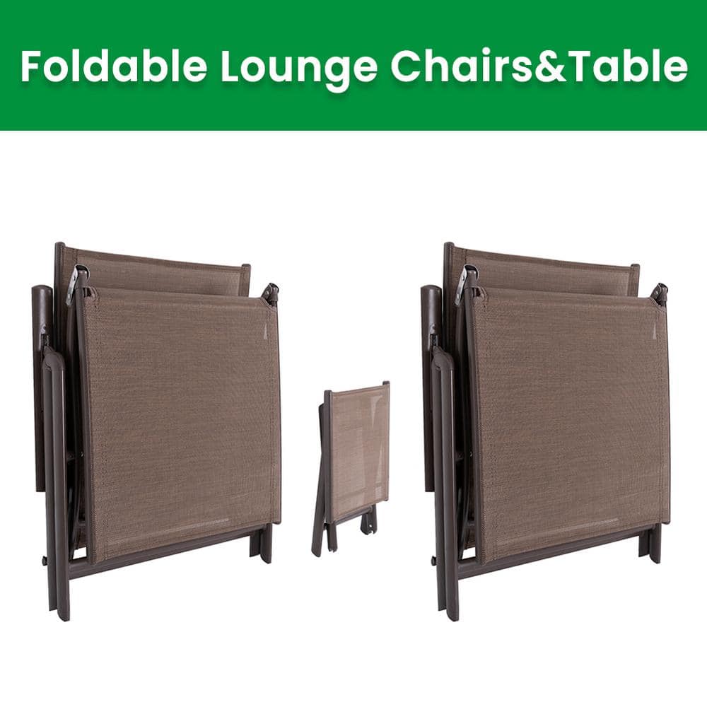Brown Aluminum Adjustable Folding Patio Chaise Lounge Set