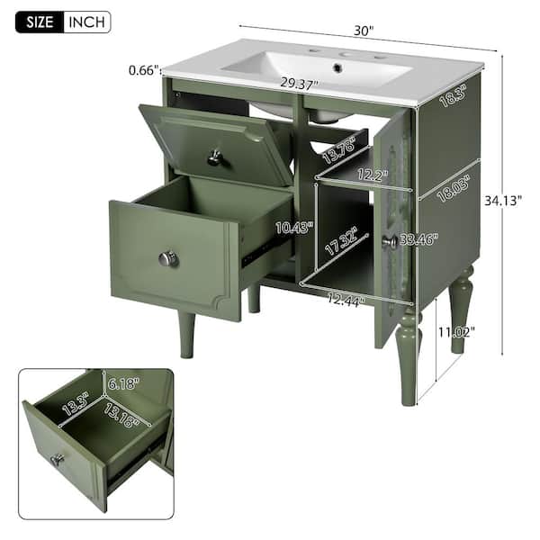 30 in. W Bathroom Vanity Cabinet without Top Freestanding Single Vanity in Green with Resin Sink Combo and 2-Drawers