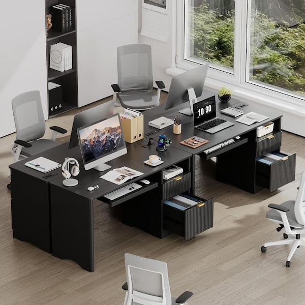 Bestier 55 in. Black Office Desk with Power Outlets, 2-Storage