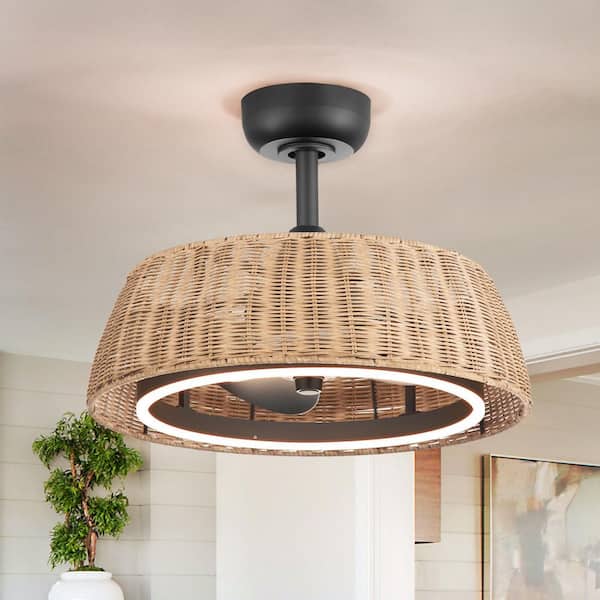 20 in. Indoor Black Rattan Hemp Rope Boho Farmhouse Caged 6-Speed Ceiling Fan with LED Light and Remote Included