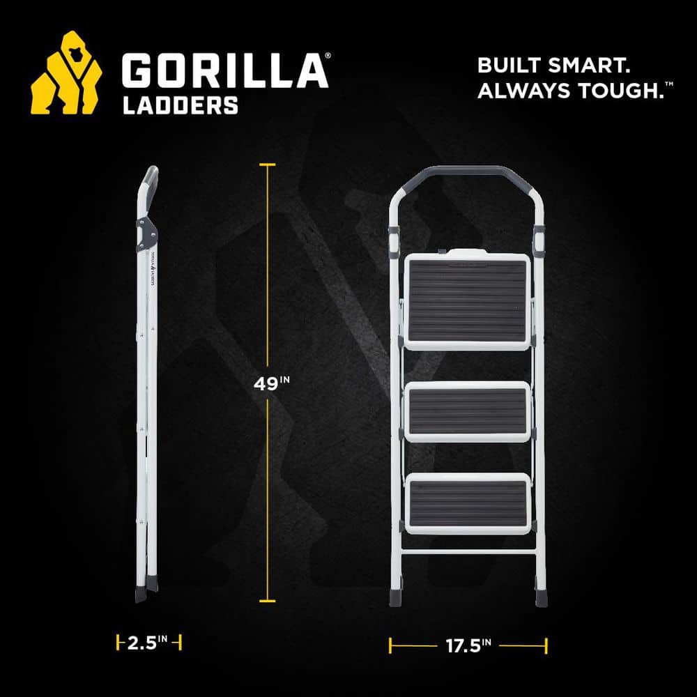 3-Step White and Black Foldable Steel Step Stool Ladder