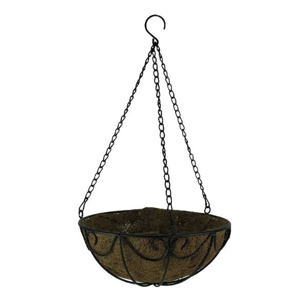 Unbranded Black Metal Scroll Metal Hanging Basket with Coconut Fiber Liner