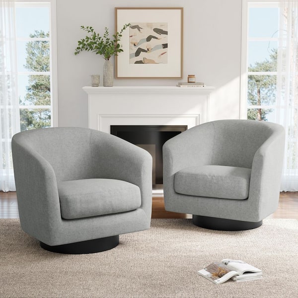 Modern Light Gray Chenille Upholstered 360°Swivel Accent Arm Barrel Chair With Wood Base(Set of 2)