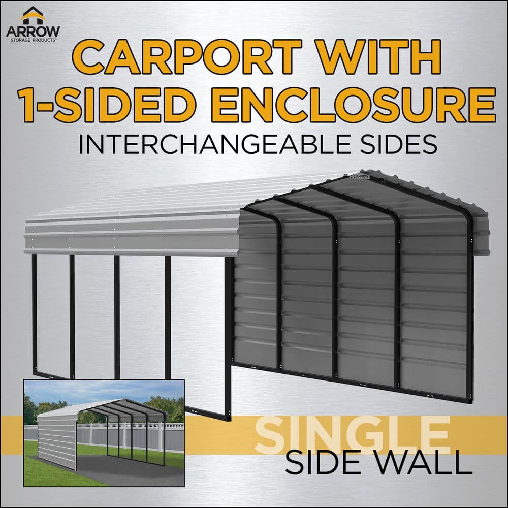 Charcoal Steel Carport Kit with 1-Sided Enclosure, 20' x 24'