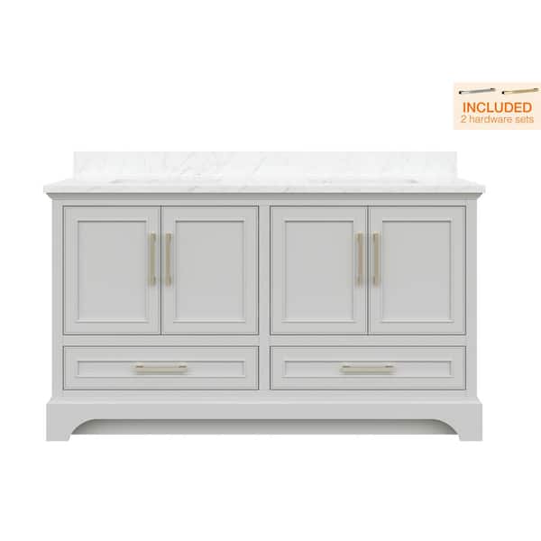 Home Decorators Collection Lareda 60 in. W x 22 in. D Double Vanity in Light Gray with Carrara Marble Vanity Top with White Sinks