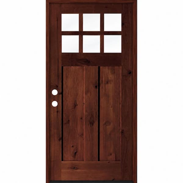 36 in. x 80 in. Craftsman Knotty Alder Right-Hand/Inswing 6-Lite Clear Glass Red Mahogany Stain Wood Prehung Front Door