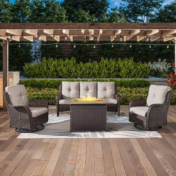 Opohoro 4-Piece Brown Wicker Outdoor Patio Rectangular Fire Pit Conversation Set with Beige Cushions and Swivel Rocker Chairs