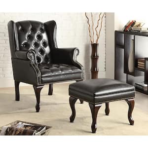 Roberts Black and Espresso Button Tufted Back Accent Chair with Ottoman