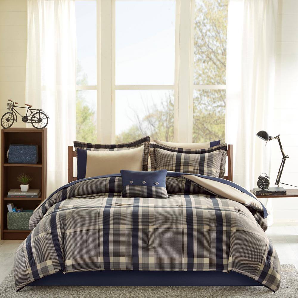 Navy and Taupe Plaid Twin Microfiber Bed in a Bag Set