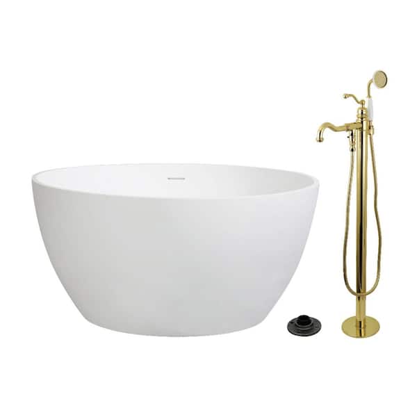 Arcticstone 45.6 in. x 45.6 in. Surface White Stone Flatbottom Soaking Freestanding Bathtub in White/Polished Brass