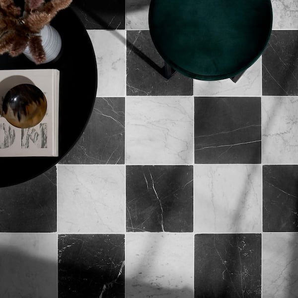 Heritage Nero and Bianco Carrara 6 in. x 0.37 in. Tumbled Marble Checkerboard Floor and Wall Tile Sample