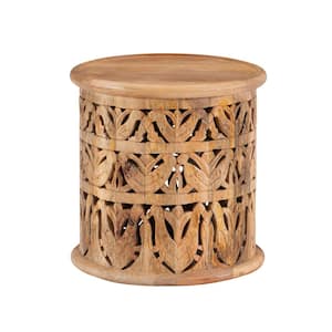 Serena 17 in. Wide Natural 17 in. High Solid Mango Wood Side Table with Hand Carved Wood