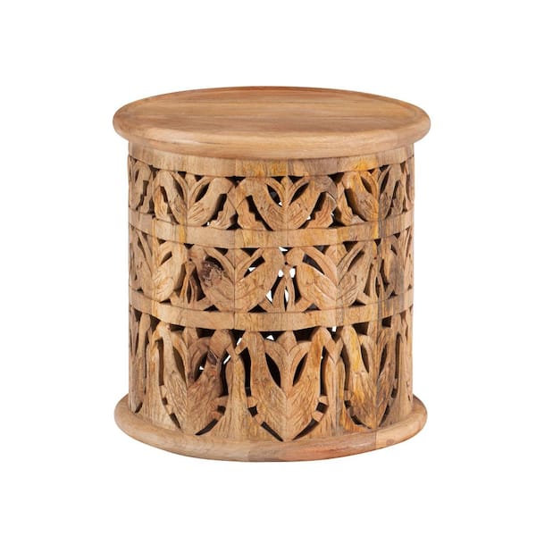 Powell Company Serena 17 in. Wide Natural 17 in. High Solid Mango Wood Side Table with Hand Carved Wood