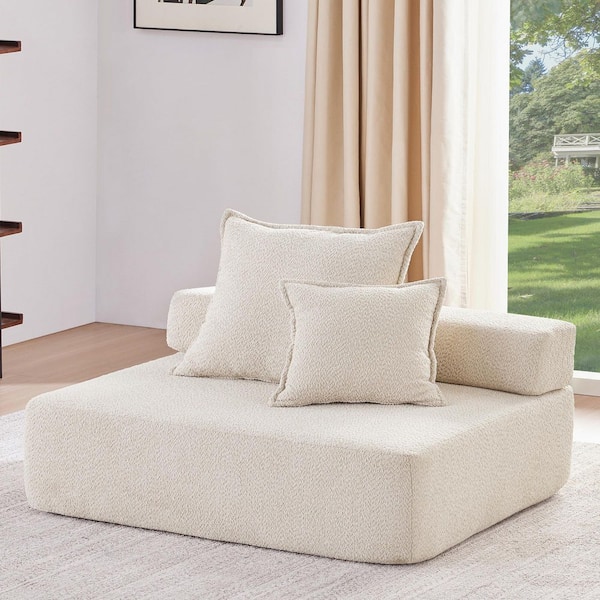 48 in. Armless Boucle Fabric Square Compressed Sofa Couch with 2-Pillows in Beige