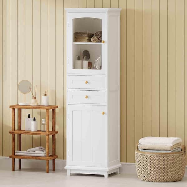 White 63 in. H Bathroom Storage Cabinet, Linen Cabinet with 2 Adjustable Shelves, Glass Doors and 2 Drawers