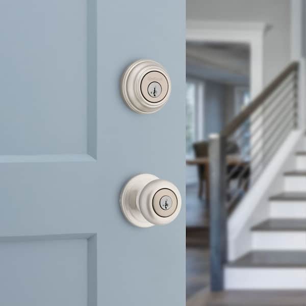 Juno Satin Nickel Exterior Entry Door Knob and Double Cylinder Deadbolt Combo Pack Featuring SmartKey Security