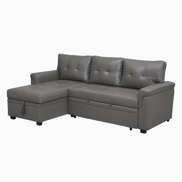 HOMESTOCK 78 in. W Gray Air Leather Sectional Sofa Sleeper with Storage Pull-Out Couch w/ Storage Sectional Sofa Bed L-Shaped