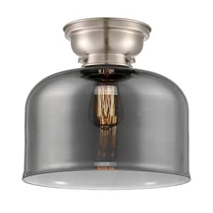 Aditi Bell 12 in. 1-Light Brushed Satin Nickel Flush Mount with Plated Smoke Glass Shade