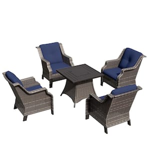 4 Seat 5-Piece Wicker Patio Set Conversation Set with Blue Cushion, Fire Pit Table