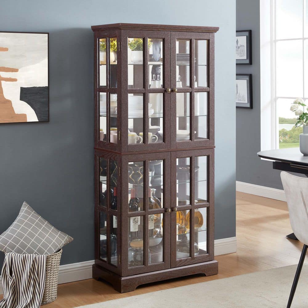 Handmaiden Cherry Wood 68.7 in. Curio Display Cabinet with 4 Glass Doors and Adjustable Shelves