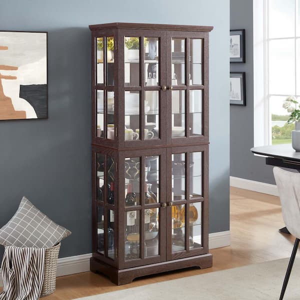 Handmaiden Cherry Wood 68.7 in. Curio Display Cabinet with 4 Glass Doors and Adjustable Shelves