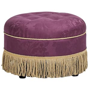 Yolanda Purple Floral Sateen Jacquard 24 in. Round Polyester Upholstered Accent Ottoman with Gold Trim